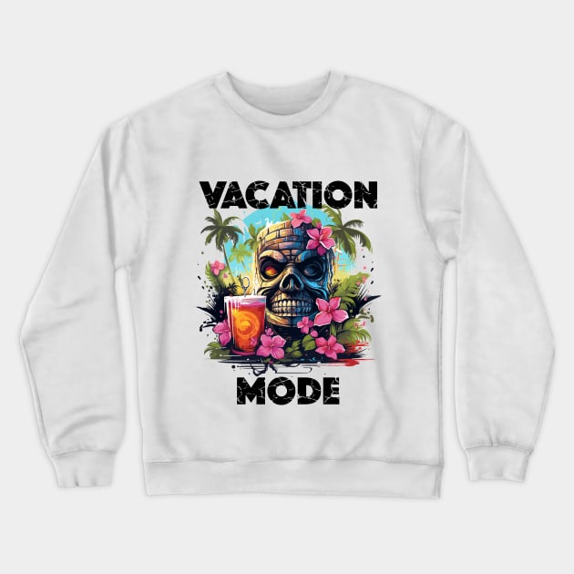 Tiki Statue Next To Beer - Vacation Mode (Black Lettering) Crewneck Sweatshirt by VelvetRoom